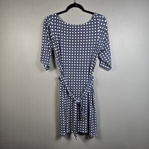 Leota Blue White Geometric Midi Dress Scoop Neck V Back Stretch Knit Waist M